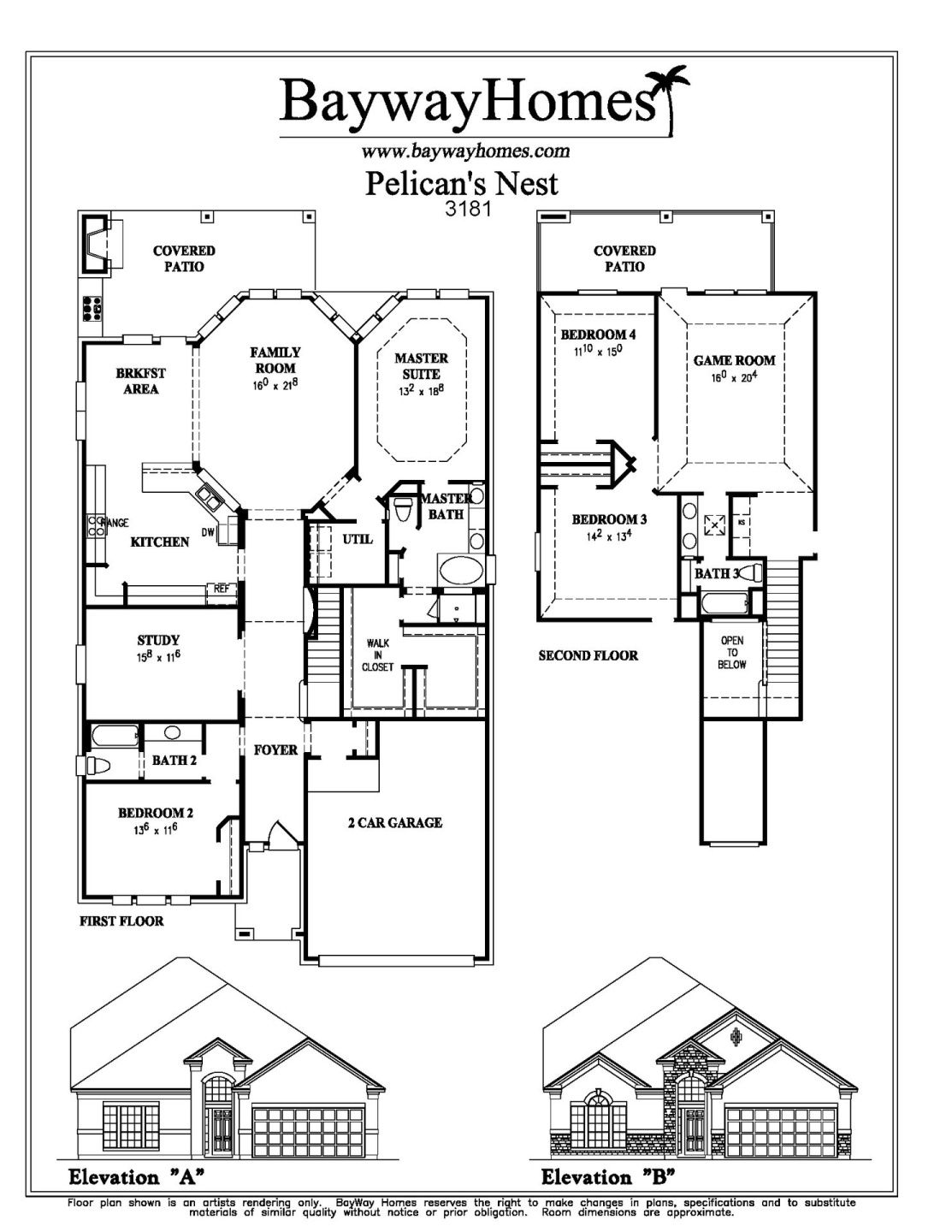 2D floor plan layout for the Pelican's Nest by Bayway Homes in Lake Mija Village, Seabrook, TX (Image 1).