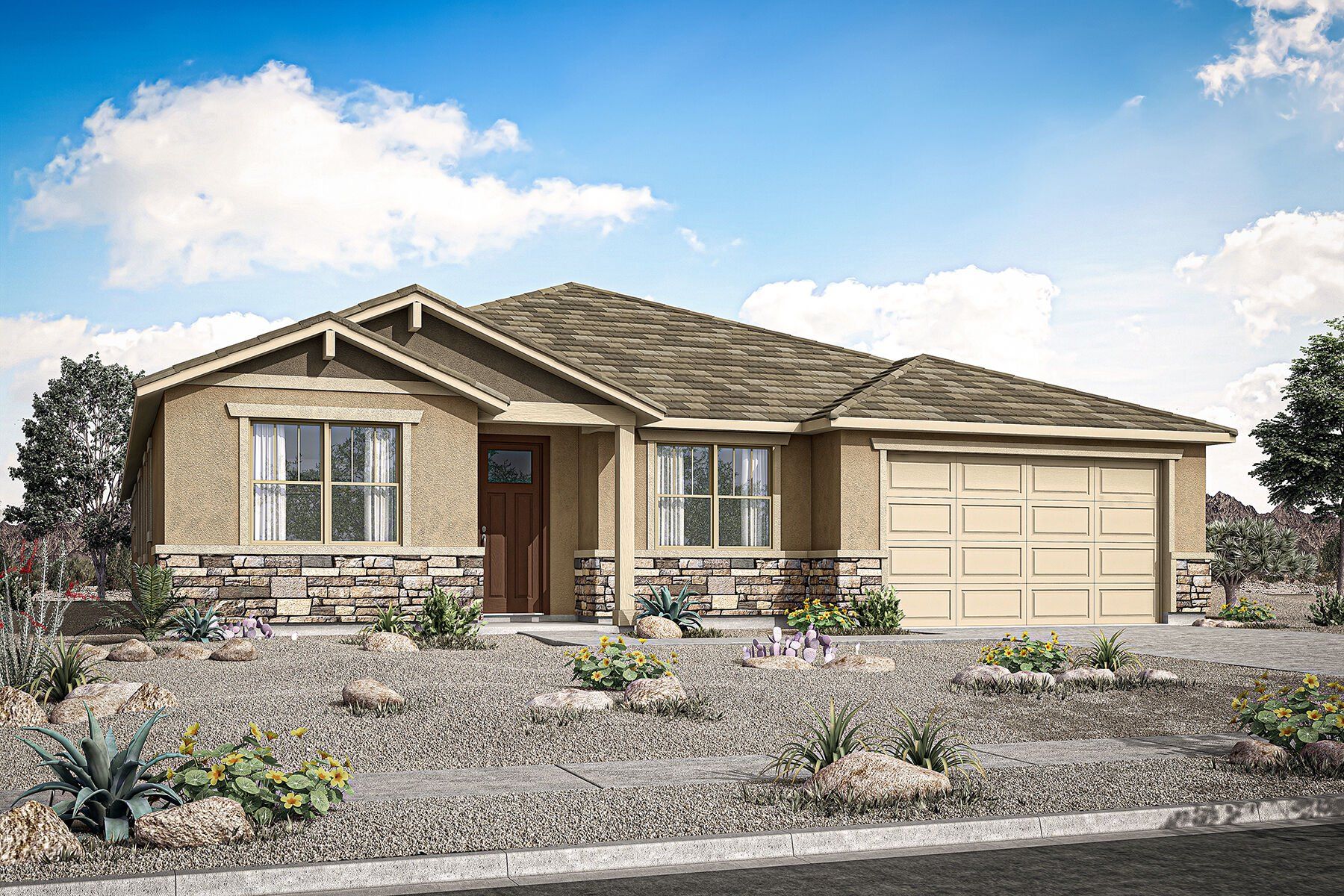 Front exterior of a new home in Miravida, Surprise, AZ, highlighting curb appeal (Image 1). Front exterior of a new home in Miravida, Surprise, AZ, highlighting curb appeal (Image 1).