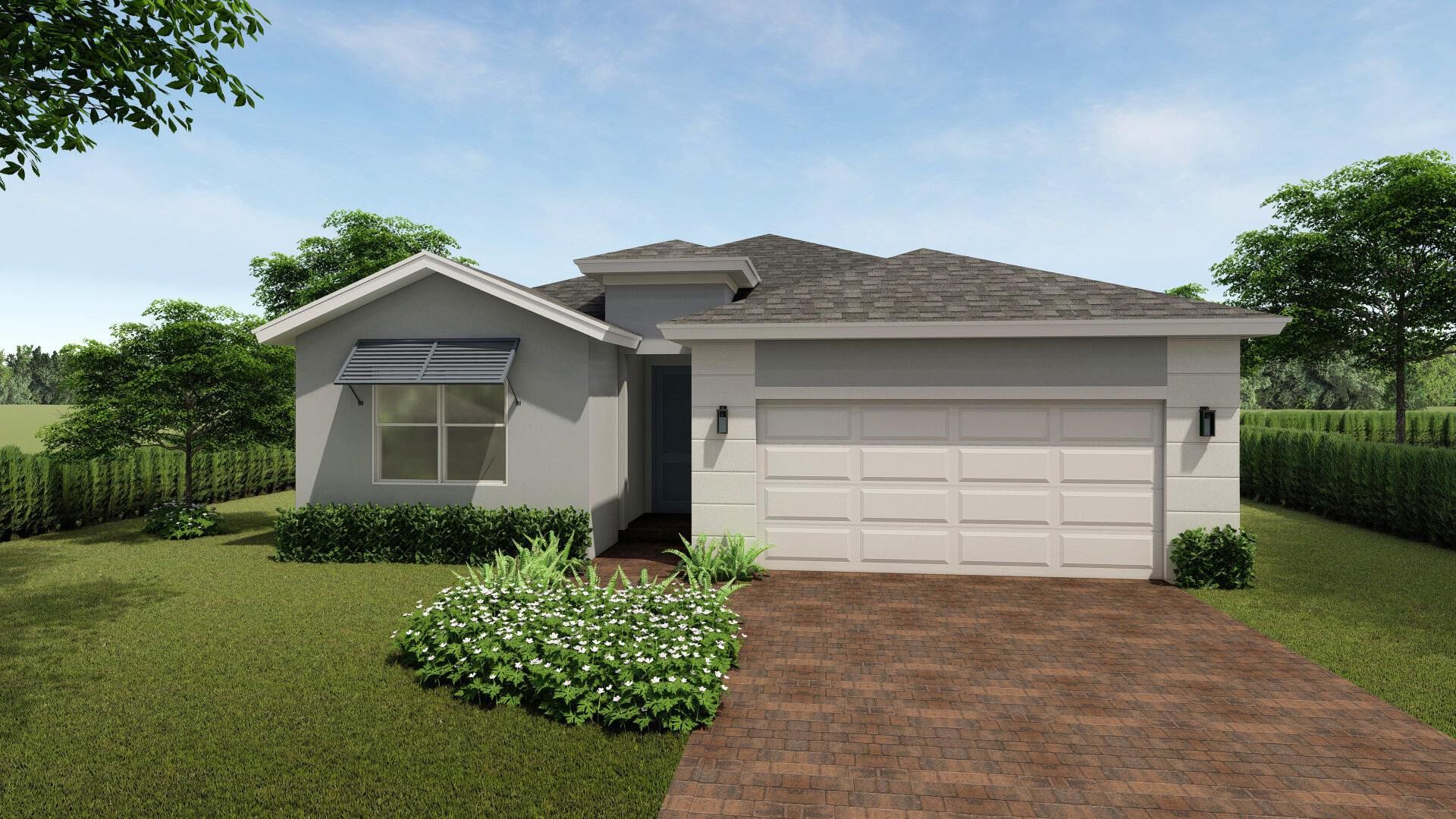 Front exterior of a new home in Preserves at Park Trace, Stuart, FL, highlighting curb appeal (Image 1).