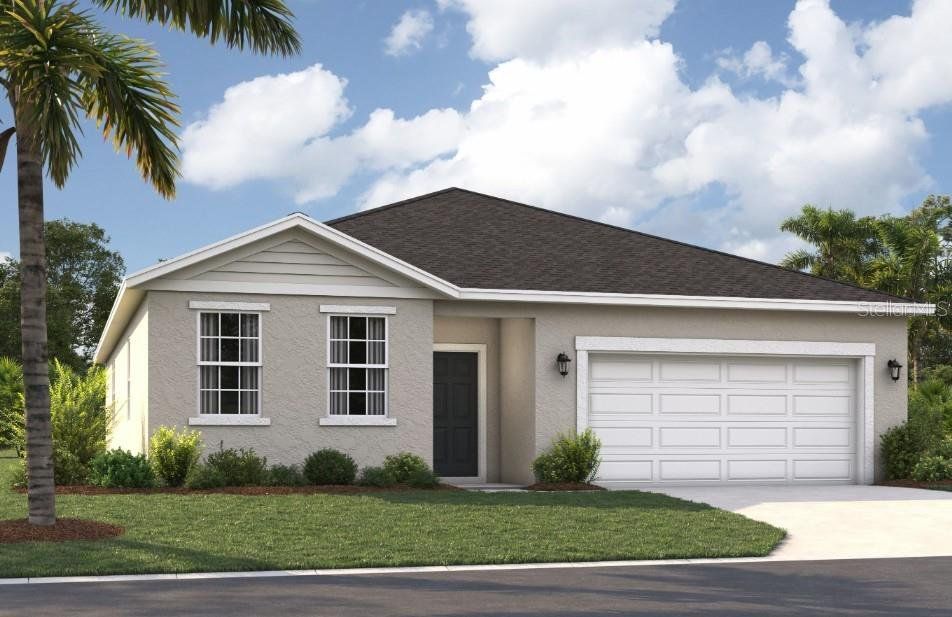 Front exterior of a new home in Covered Bridge at Liberty Bluff, Haines City, FL, highlighting curb appeal (Image 1). Front exterior of a new home in Covered Bridge at Liberty Bluff, Haines City, FL, highlighting curb appeal (Image 1).