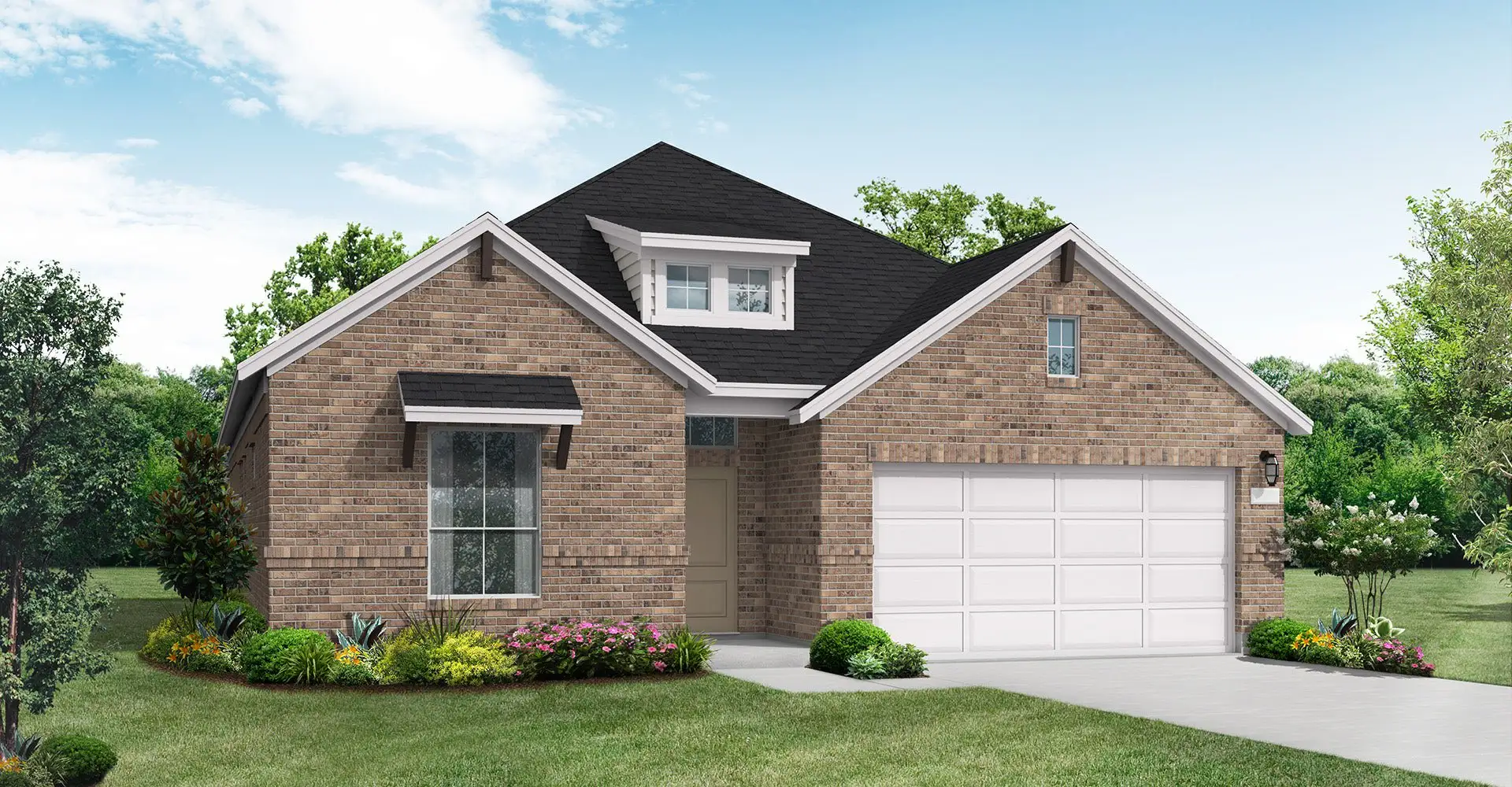 Front exterior of a new home in The Parklands, Schertz, TX, highlighting curb appeal (Image 1). Front exterior of a new home in The Parklands, Schertz, TX, highlighting curb appeal (Image 1).