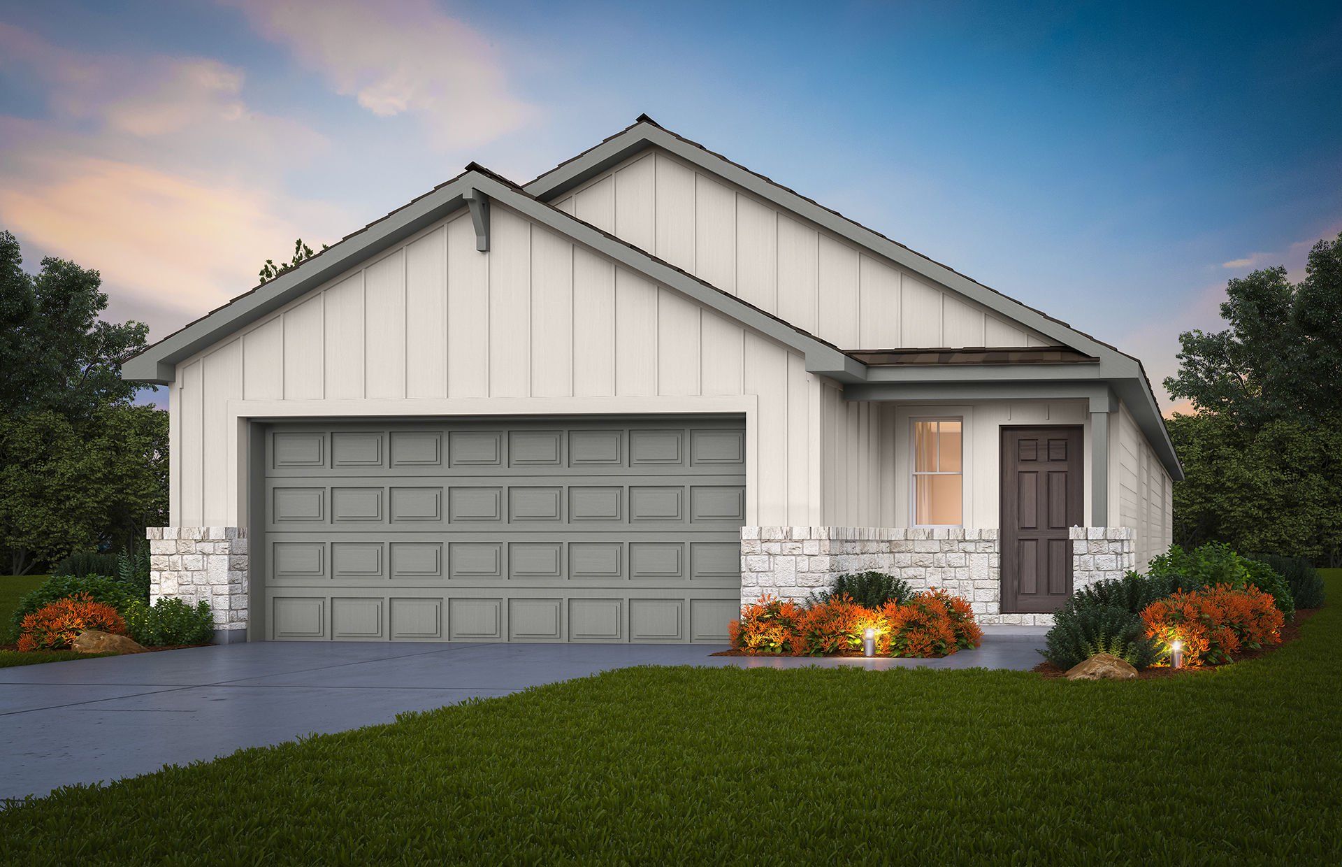 Front exterior of a new home in The Overlook at Creekside, New Braunfels, TX, highlighting curb appeal (Image 1). Front exterior of a new home in The Overlook at Creekside, New Braunfels, TX, highlighting curb appeal (Image 1).