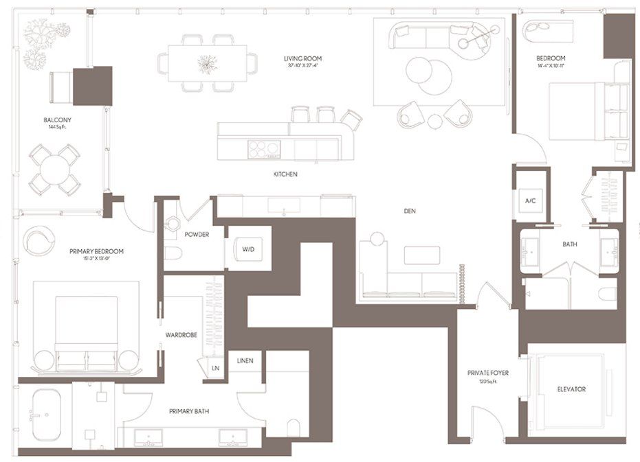 2D floor plan layout for the Residence 05 LVL 60-68 by Property Markets Group in Waldorf Astoria Residences Miami, Miami, FL (Image 1). 2D floor plan layout for the Residence 05 LVL 60-68 by Property Markets Group in Waldorf Astoria Residences Miami, Miami, FL (Image 1).