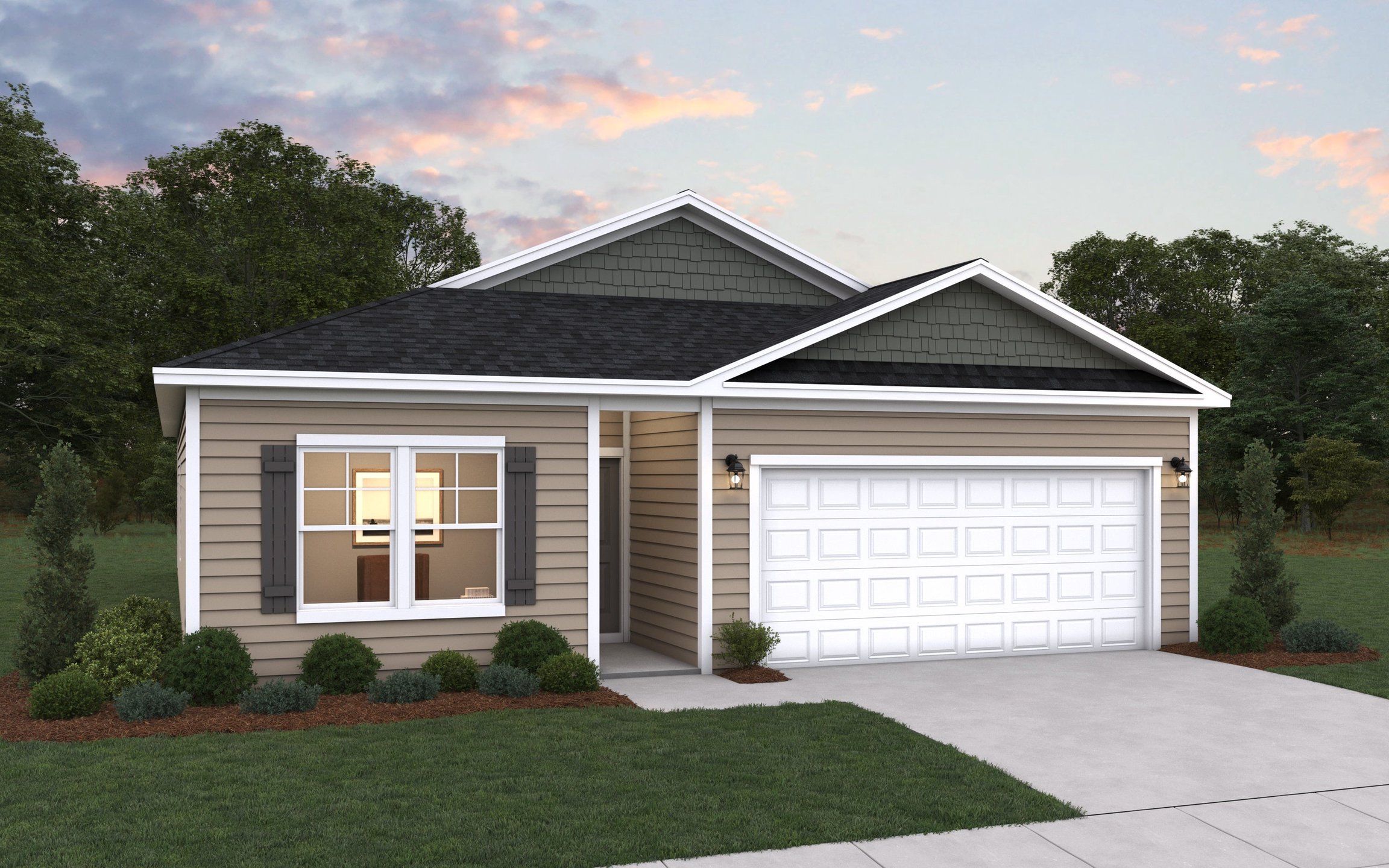 Front exterior of a new home in The View at Holt Lake, Four Oaks, NC, highlighting curb appeal (Image 1). Front exterior of a new home in The View at Holt Lake, Four Oaks, NC, highlighting curb appeal (Image 1).