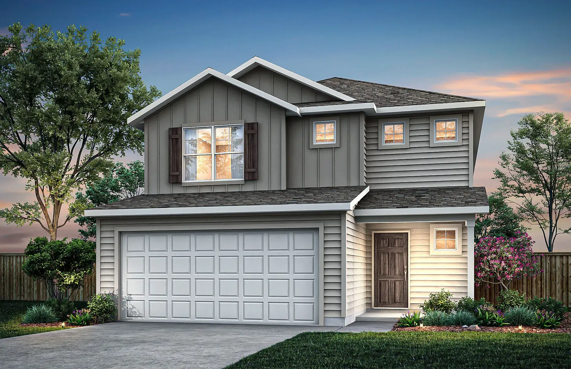 Front exterior of a new home in Lily Springs, Seguin, TX, highlighting curb appeal (Image 1). Front exterior of a new home in Lily Springs, Seguin, TX, highlighting curb appeal (Image 1).
