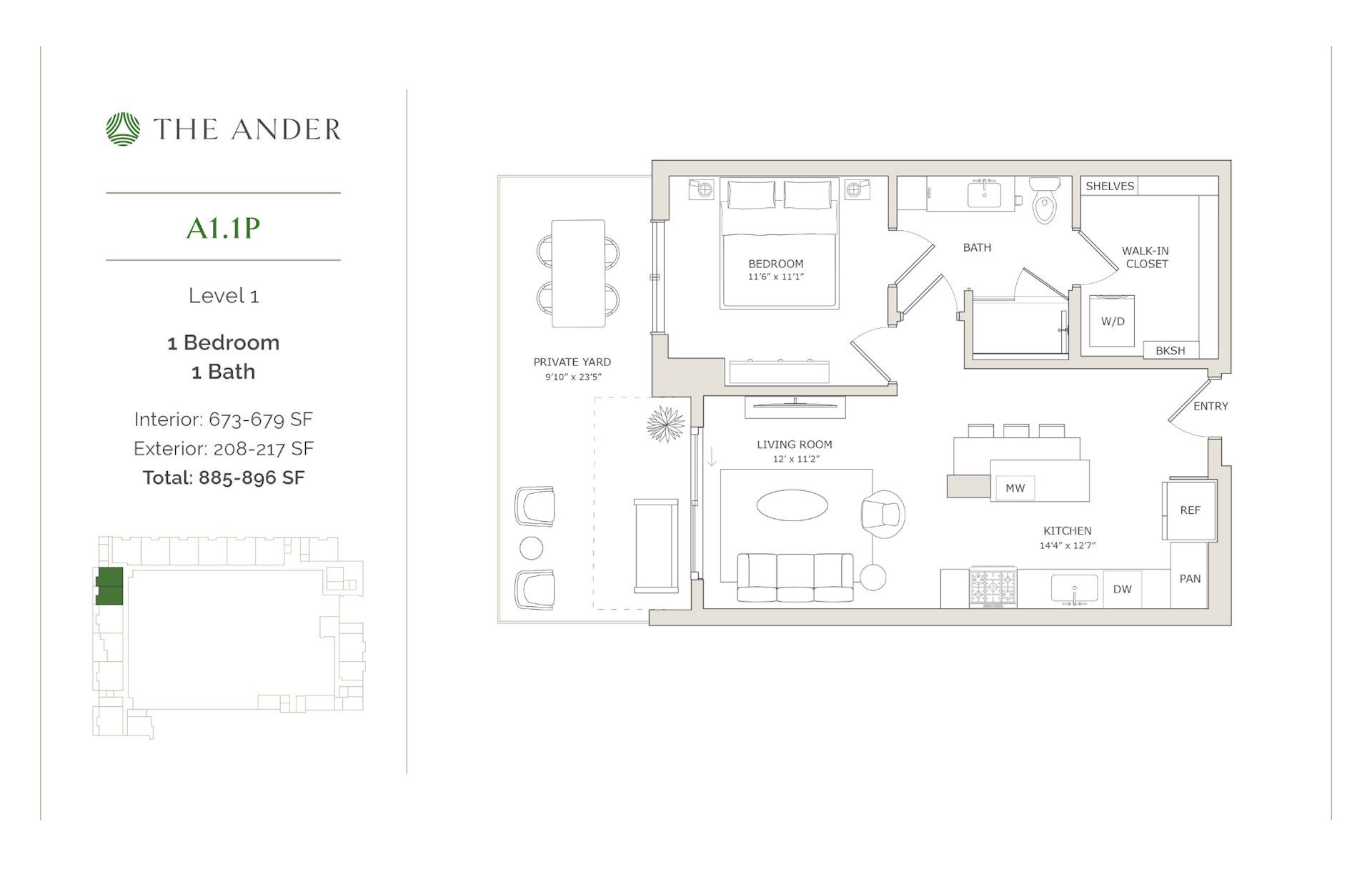 2D floor plan layout for the A1.1P by Ledgestone Development Group in The Ander, Austin, TX (Image 1).