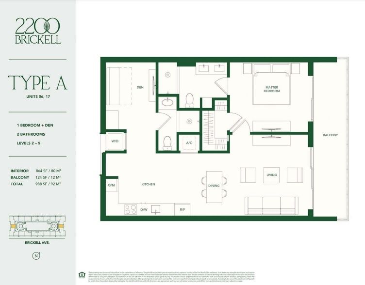 2D floor plan layout for the TYPE A by Aria Development Group in 2200 Brickell, Miami, FL (Image 1).