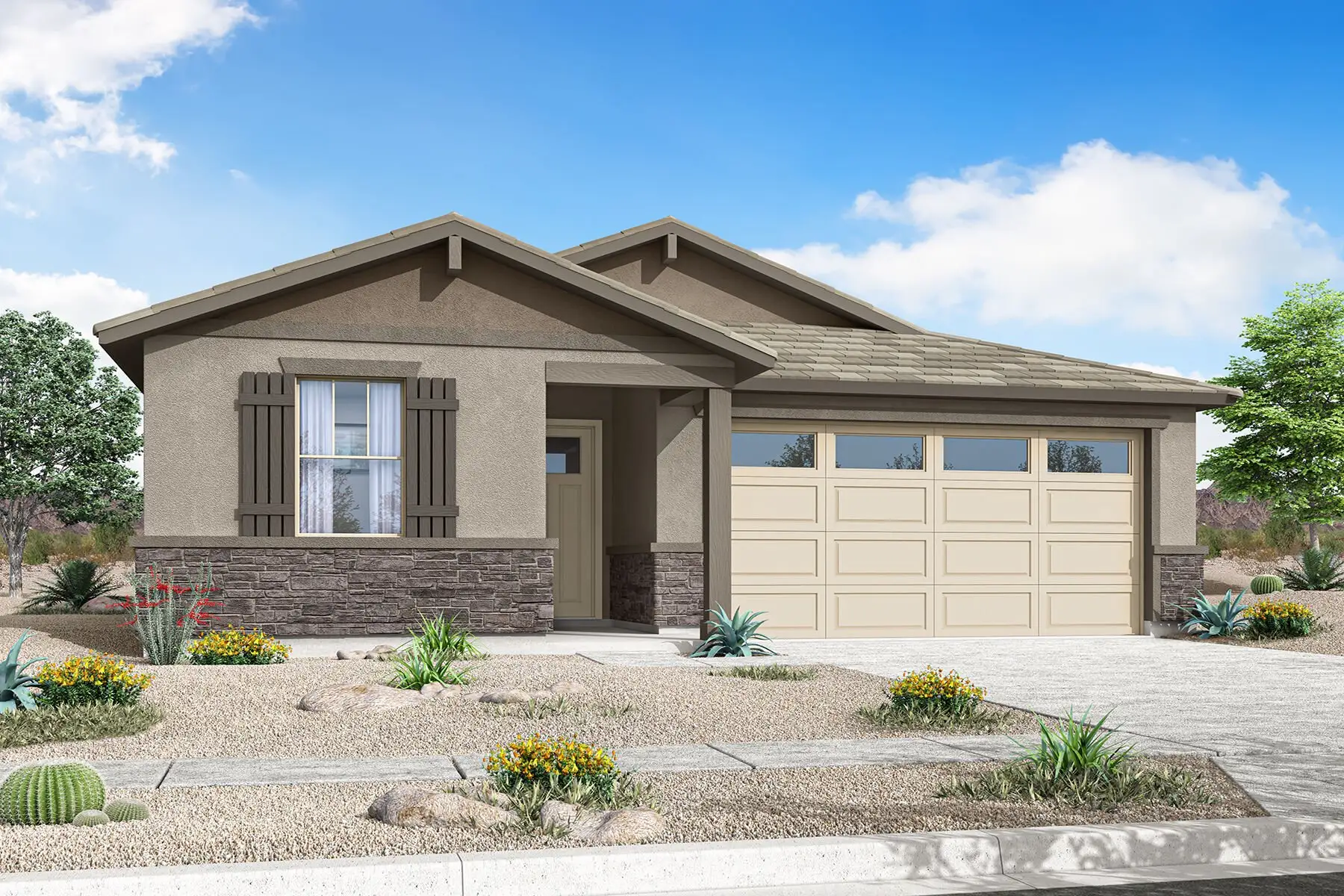 Front exterior of a new home in Tyler Ranch, Buckeye, AZ, highlighting curb appeal (Image 1). Front exterior of a new home in Tyler Ranch, Buckeye, AZ, highlighting curb appeal (Image 1).