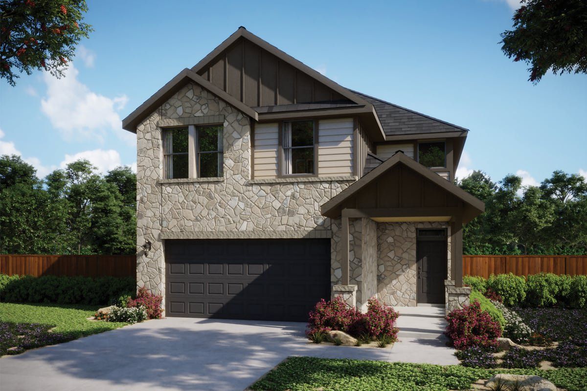Front exterior of a new home in Porter Country, Buda, TX, highlighting curb appeal (Image 1). Front exterior of a new home in Porter Country, Buda, TX, highlighting curb appeal (Image 1).
