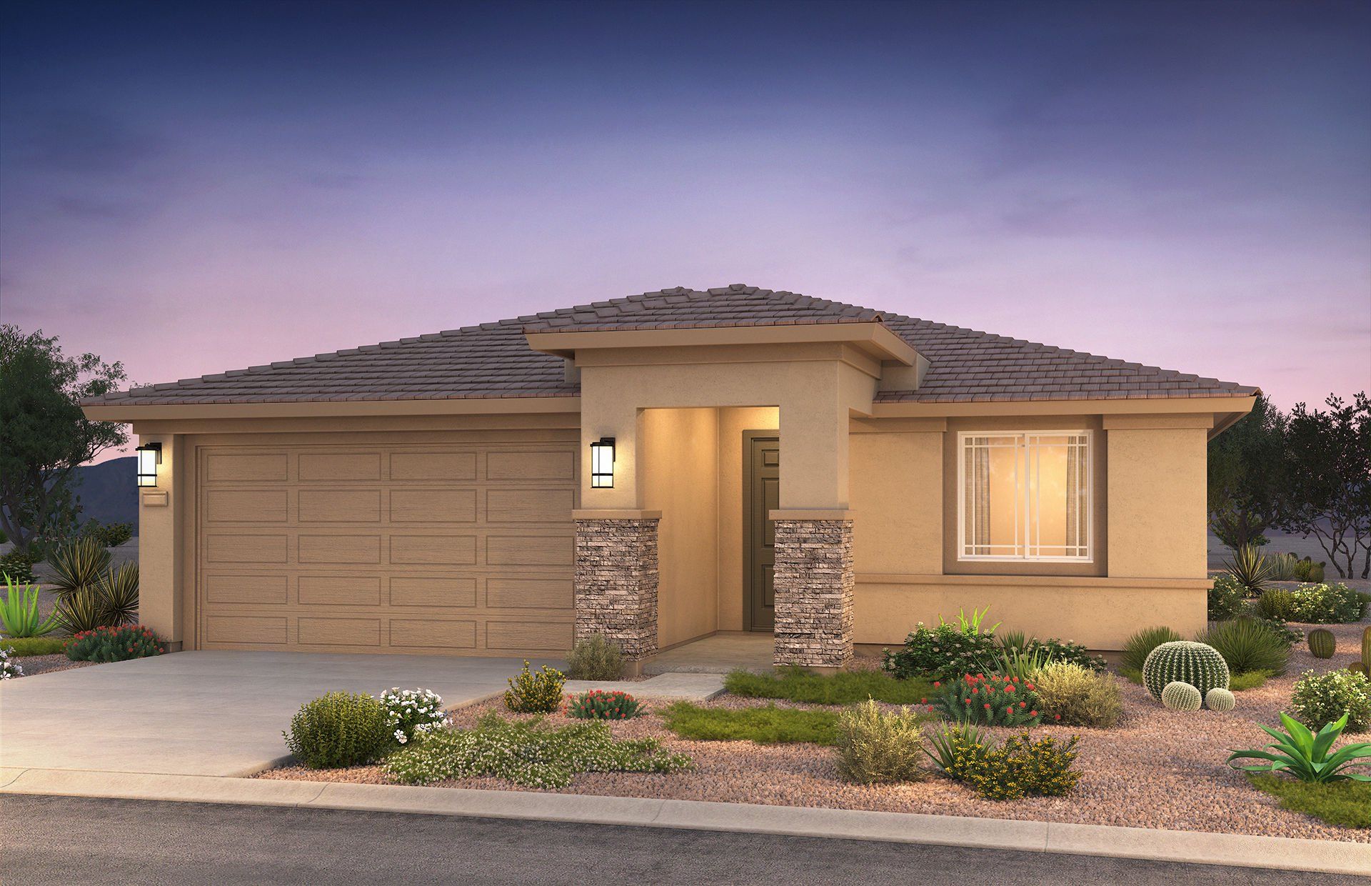 Front exterior of a new home in Blossom Rock, Apache Junction, AZ, highlighting curb appeal (Image 1).