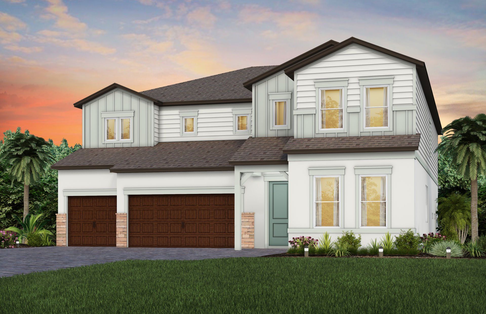 Front exterior of a new home in Vida's Way, Wesley Chapel, FL, highlighting curb appeal (Image 1). Front exterior of a new home in Vida's Way, Wesley Chapel, FL, highlighting curb appeal (Image 1).