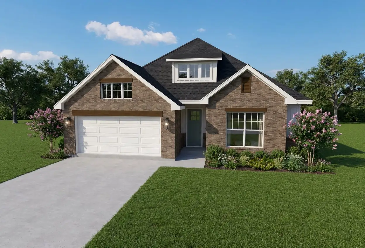 Front exterior of a new home in Austin's Colony, Bryan, TX, highlighting curb appeal (Image 1). Front exterior of a new home in Austin's Colony, Bryan, TX, highlighting curb appeal (Image 1).