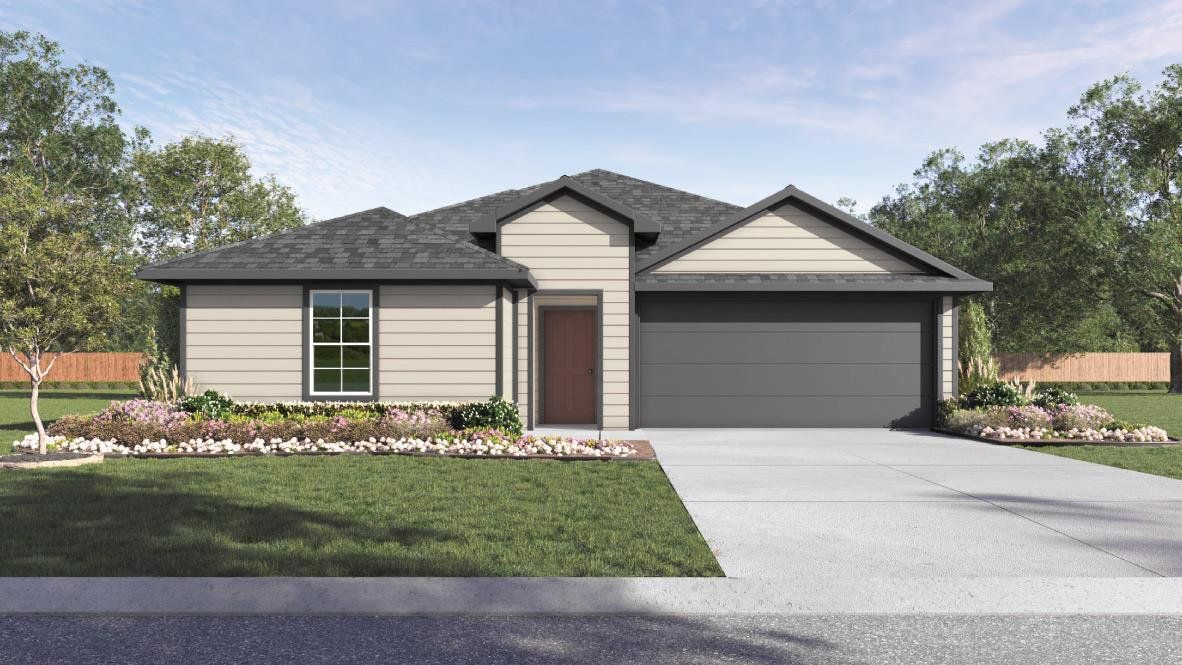 Front exterior of a new home in Watermill, Uhland, TX, highlighting curb appeal (Image 1). Front exterior of a new home in Watermill, Uhland, TX, highlighting curb appeal (Image 1).