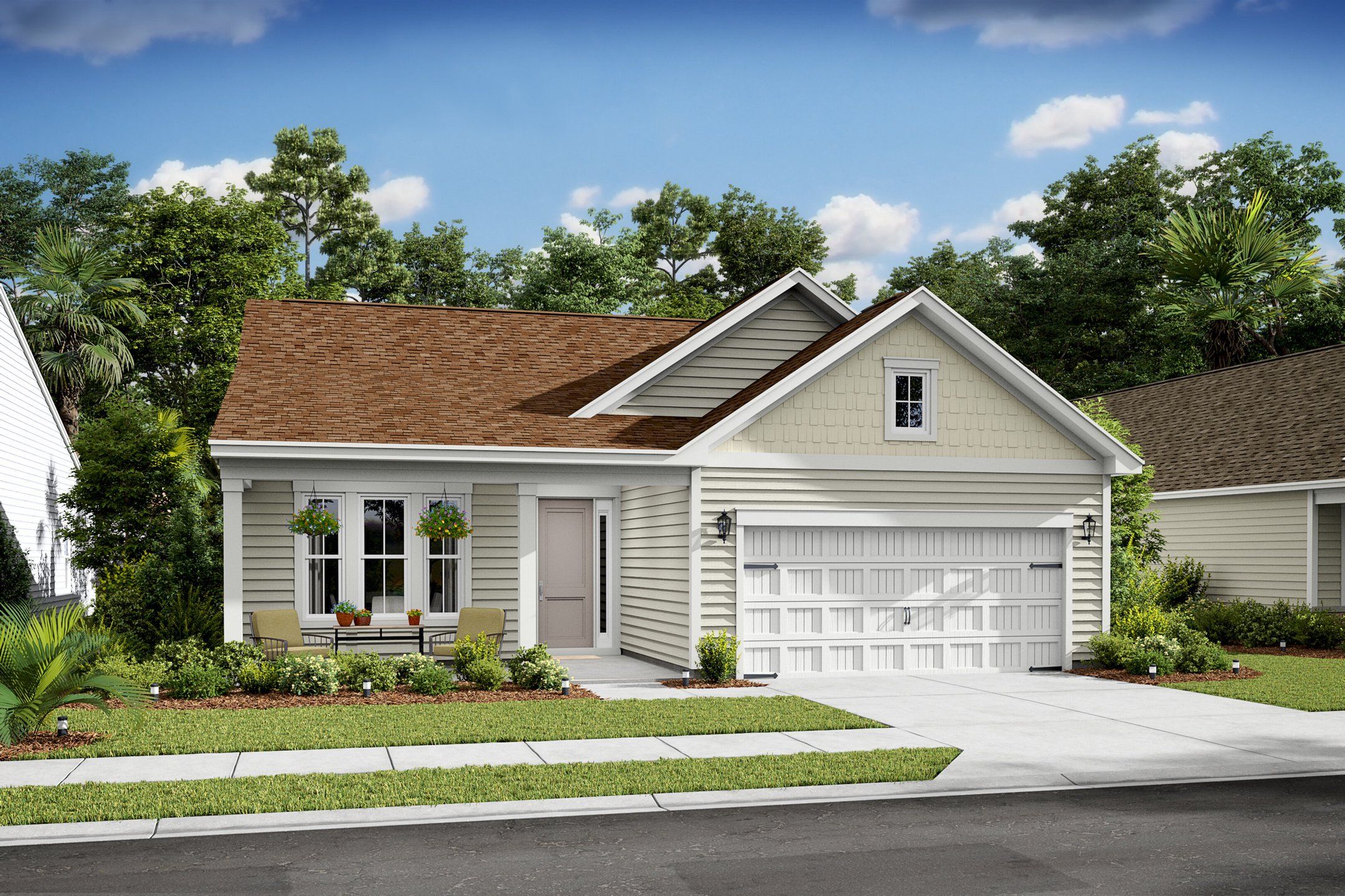 Front exterior of a new home in K. Hovnanian's® Four Seasons at Carolina Oaks, Bluffton, SC, highlighting curb appeal (Image 1). Front exterior of a new home in K. Hovnanian's® Four Seasons at Carolina Oaks, Bluffton, SC, highlighting curb appeal (Image 1).