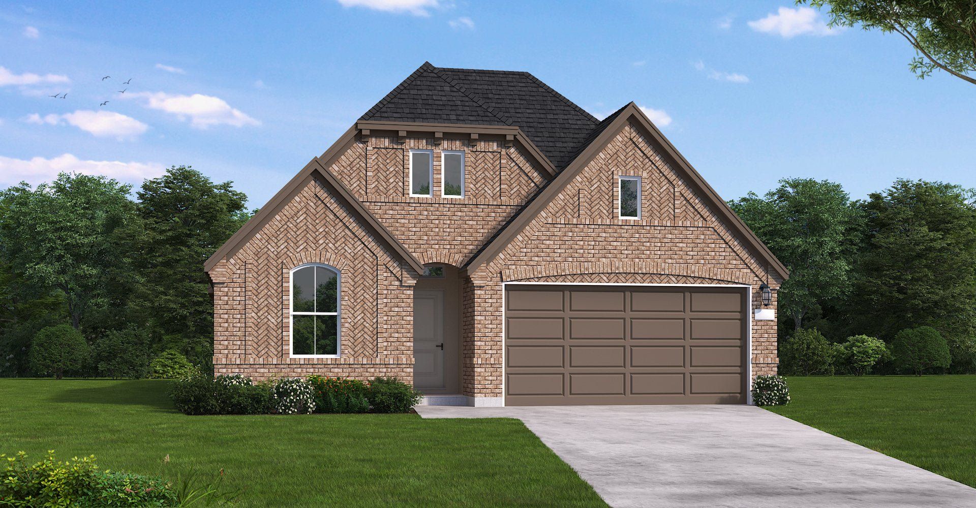 Front exterior of a new home in Sunflower Ridge, New Braunfels, TX, highlighting curb appeal (Image 1). Front exterior of a new home in Sunflower Ridge, New Braunfels, TX, highlighting curb appeal (Image 1).