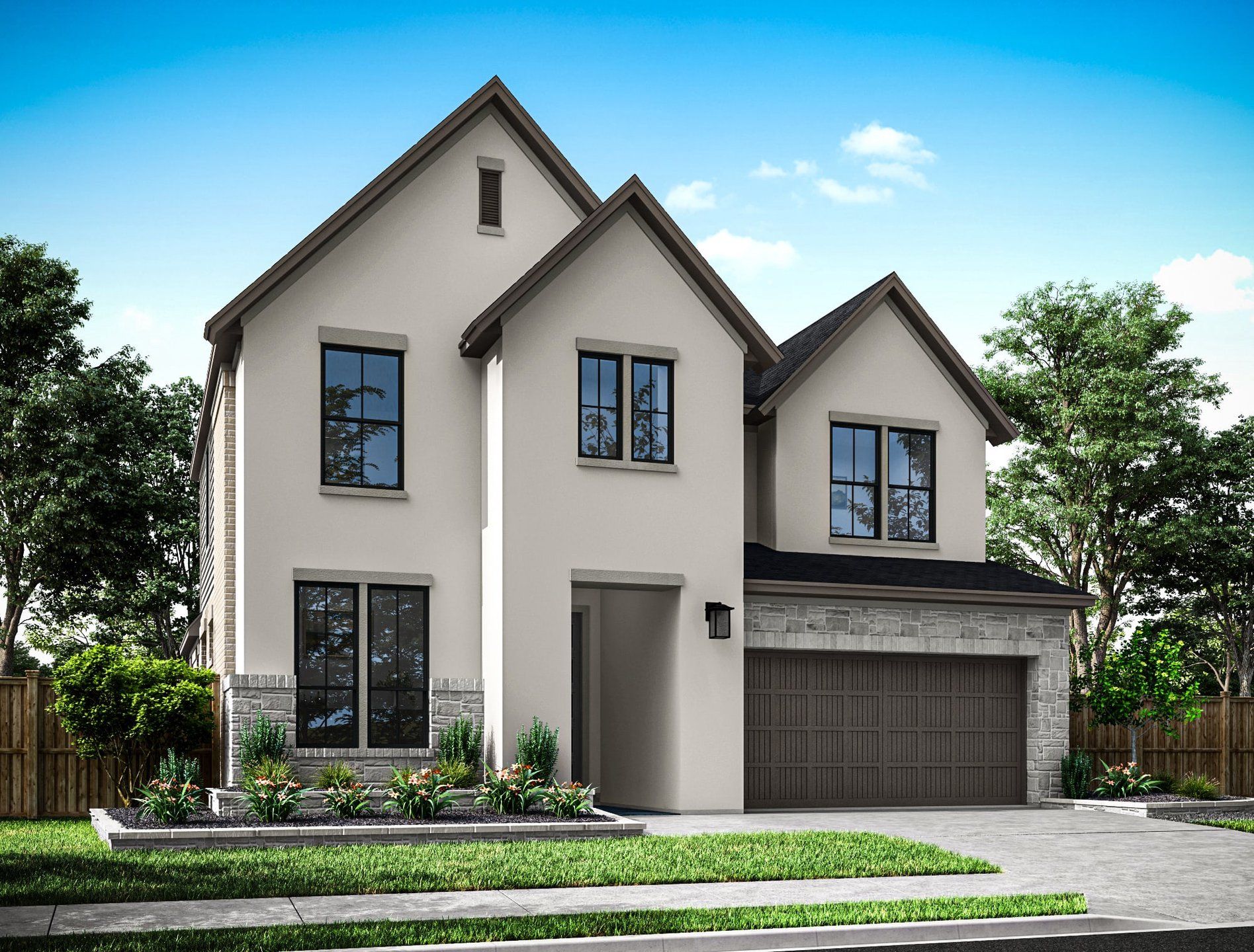 Front exterior of a new home in Woodson’s Reserve, Spring, TX, highlighting curb appeal (Image 1). Front exterior of a new home in Woodson’s Reserve, Spring, TX, highlighting curb appeal (Image 1).