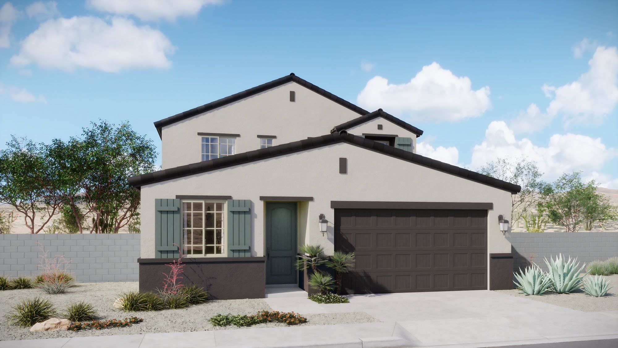 Front exterior of a new home in Rialta, Mesa, AZ, highlighting curb appeal (Image 1). Front exterior of a new home in Rialta, Mesa, AZ, highlighting curb appeal (Image 1).