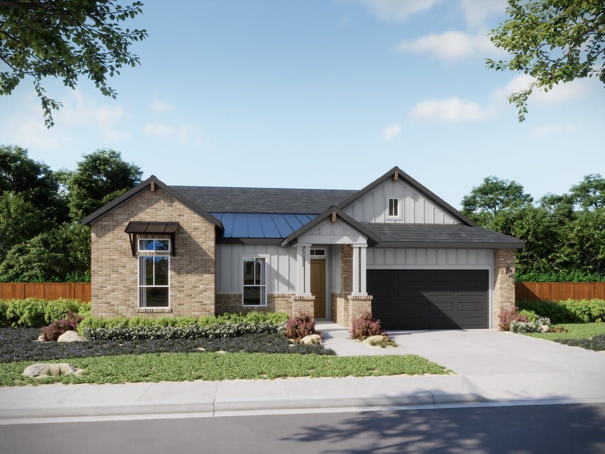 Front exterior of a new home in Persimmon, Buda, TX, highlighting curb appeal (Image 1). Front exterior of a new home in Persimmon, Buda, TX, highlighting curb appeal (Image 1).