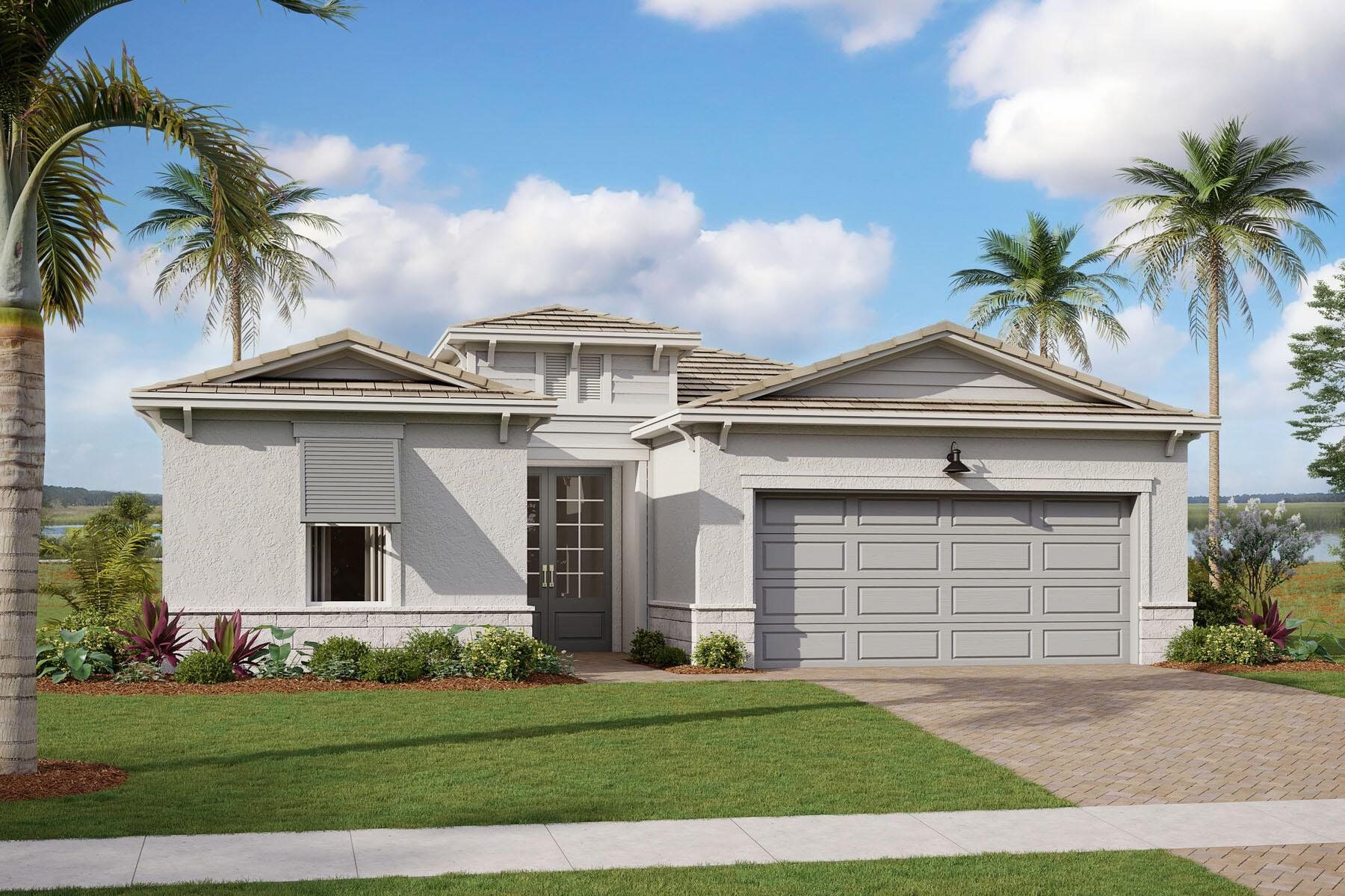 Front exterior of a new home in Tradition - Telaro, Port St. Lucie, FL, highlighting curb appeal (Image 1).