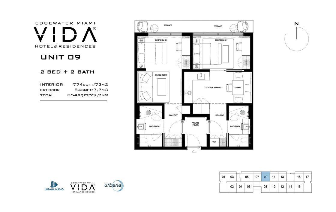 2D floor plan layout for the Unit 09 by Urbana Holdings in Vida Hotel & Residences, Miami, FL (Image 1).