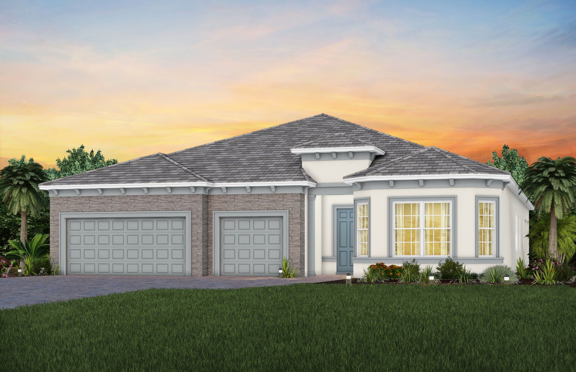 Front exterior of a new home in BeachWalk by Manasota Key, Englewood, FL, highlighting curb appeal (Image 1). Front exterior of a new home in BeachWalk by Manasota Key, Englewood, FL, highlighting curb appeal (Image 1).