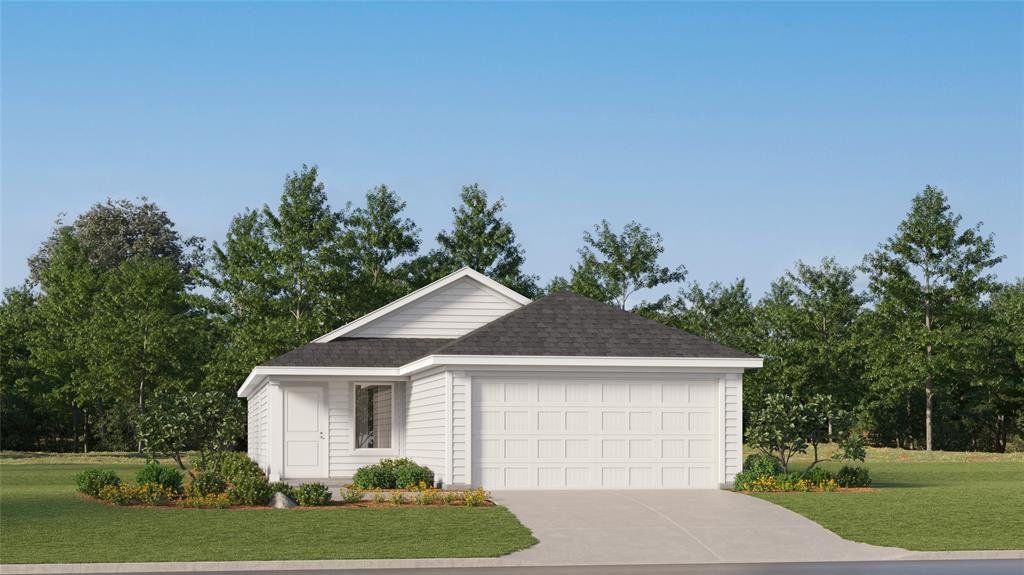 Single story home featuring a front yard, a shingled roof, concrete driveway, and a garage Single story home featuring a front yard, a shingled roof, concrete driveway, and a garage
