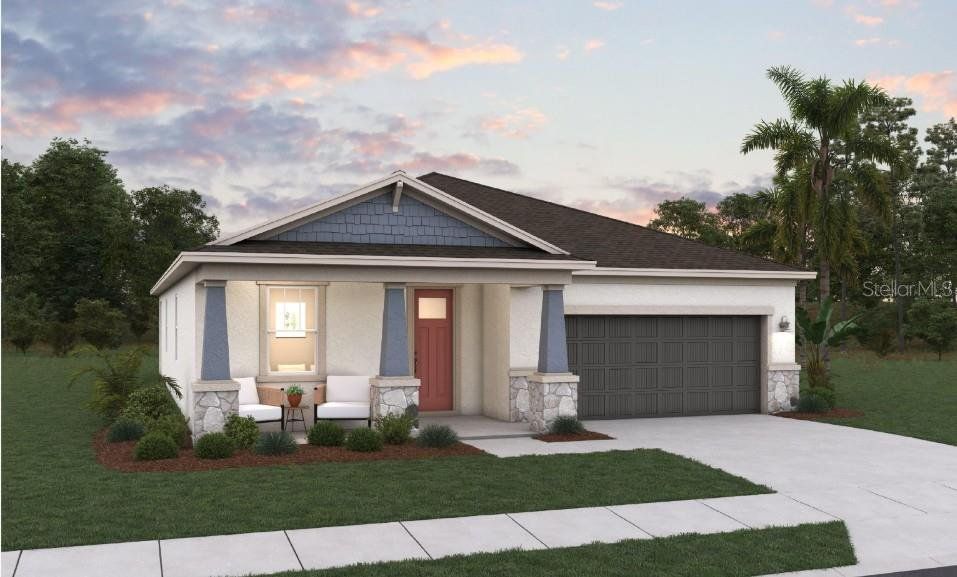 Front exterior of a new home in Creekside Run at Babcock Ranch, Punta Gorda, FL, highlighting curb appeal (Image 1). Front exterior of a new home in Creekside Run at Babcock Ranch, Punta Gorda, FL, highlighting curb appeal (Image 1).