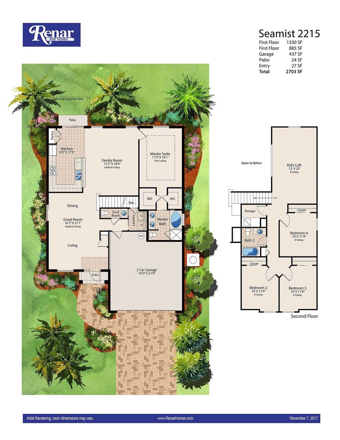 2D floor plan layout for the Seamist 2215 by Renar Homes in Morningside, Fort Pierce, FL (Image 1). 2D floor plan layout for the Seamist 2215 by Renar Homes in Morningside, Fort Pierce, FL (Image 1).