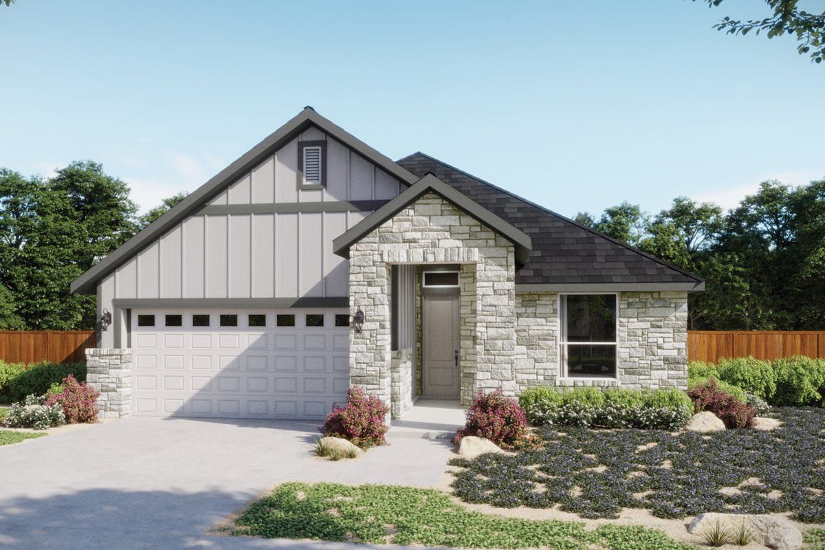 Front exterior of a new home in Persimmon, Buda, TX, highlighting curb appeal (Image 1). Front exterior of a new home in Persimmon, Buda, TX, highlighting curb appeal (Image 1).