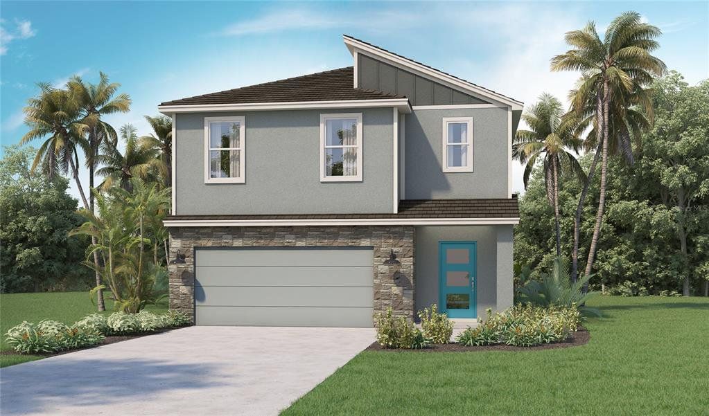 Front exterior of a new home in Berry Bay, Wimauma, FL, highlighting curb appeal (Image 1).