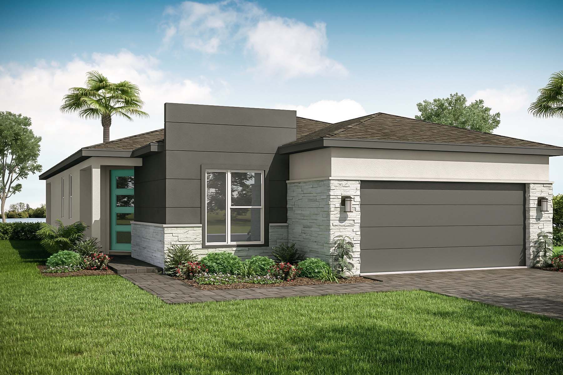 Front exterior of a new home in Tradition - Kenley, Port St. Lucie, FL, highlighting curb appeal (Image 1).