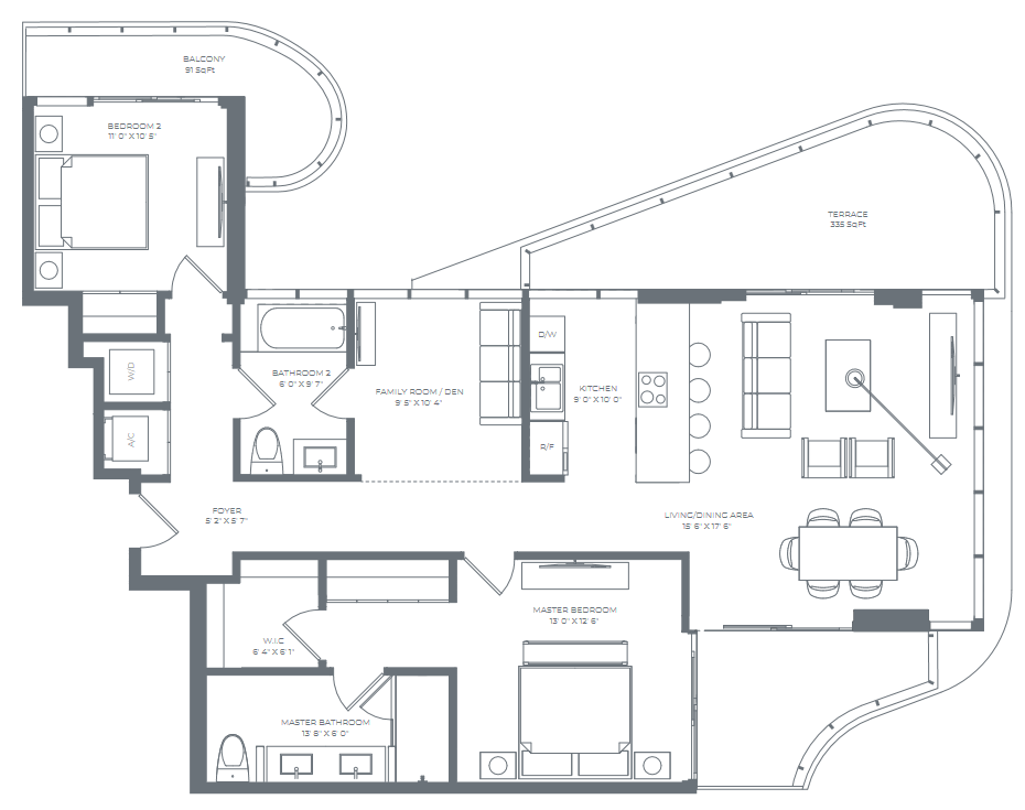 2D floor plan layout for the Residence 04 (Floor 4 - 7) by Alta Developers in Alana Bay Harbor Islands, Bay Harbor Islands, FL (Image 1).