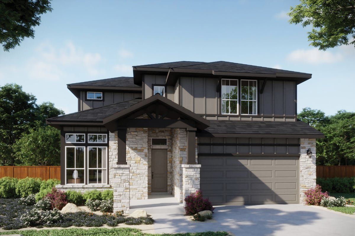 Front exterior of a new home in Saddle Ridge at Wildhorse Ranch, Austin, TX, highlighting curb appeal (Image 1). Front exterior of a new home in Saddle Ridge at Wildhorse Ranch, Austin, TX, highlighting curb appeal (Image 1).