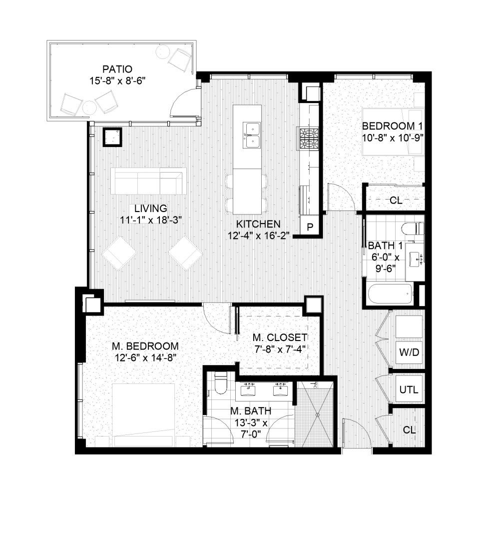 2D floor plan layout for the 1350 by Austin Lawrence Partners in The Novus, Durham, NC (Image 1).