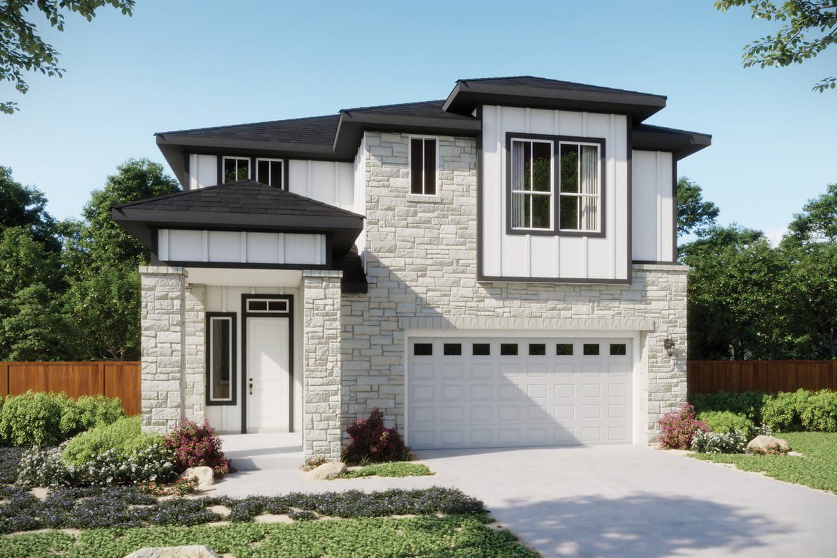 Front exterior of a new home in Persimmon, Buda, TX, highlighting curb appeal (Image 1). Front exterior of a new home in Persimmon, Buda, TX, highlighting curb appeal (Image 1).