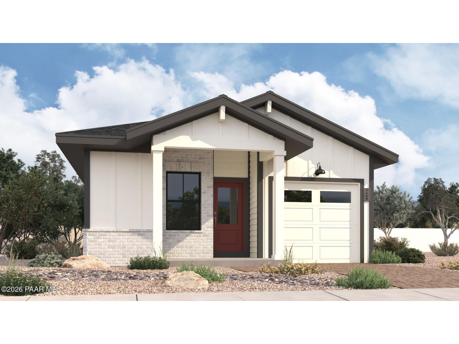 Front exterior of a new home in South Ranch Southern Collection, Prescott, AZ, highlighting curb appeal (Image 1). Front exterior of a new home in South Ranch Southern Collection, Prescott, AZ, highlighting curb appeal (Image 1).