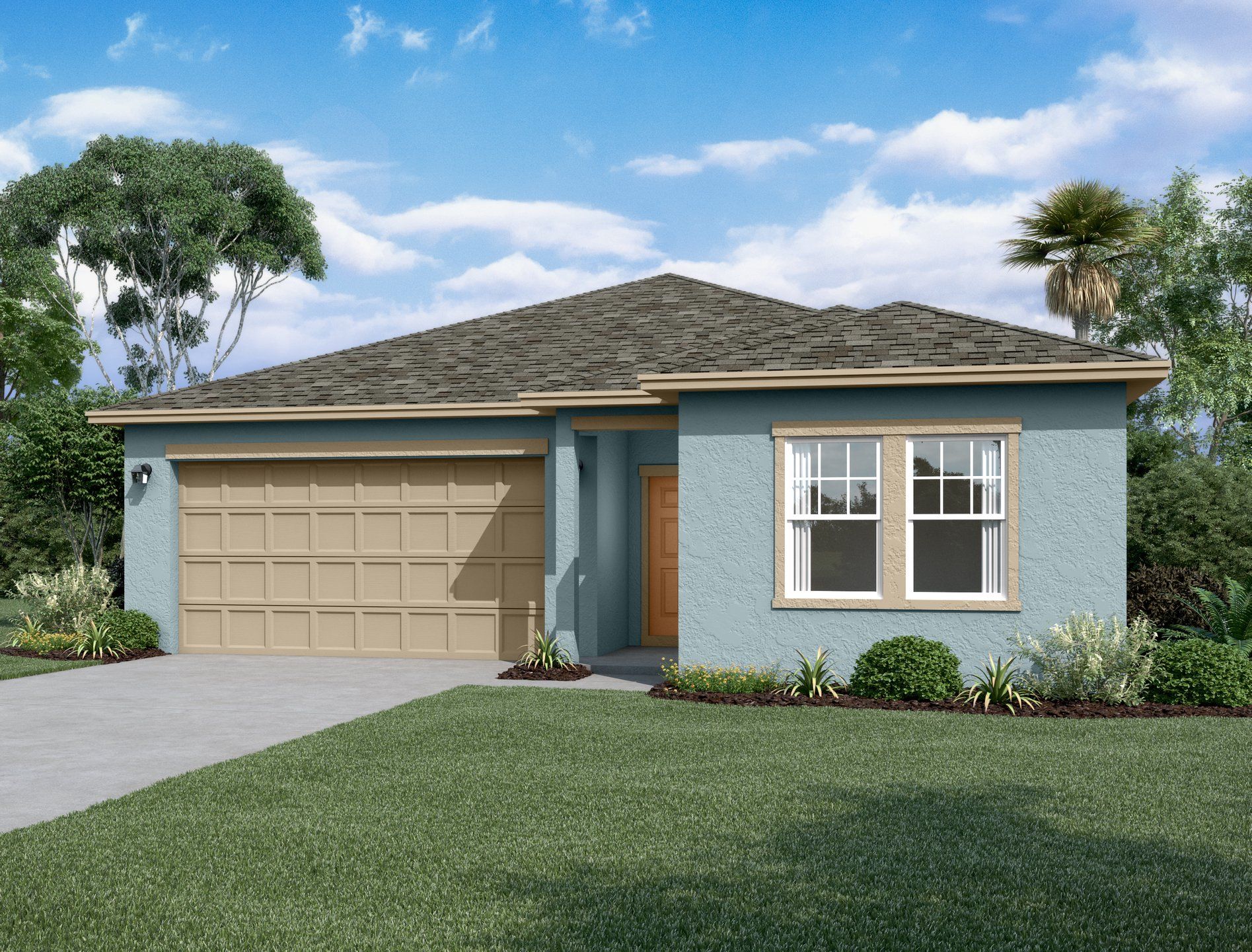 Front exterior of a new home in Hawks Run, Kissimmee, FL, highlighting curb appeal (Image 1). Front exterior of a new home in Hawks Run, Kissimmee, FL, highlighting curb appeal (Image 1).