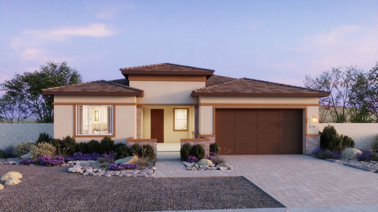 Front exterior of a new home in The Estates at North Creek, Queen Creek, AZ, highlighting curb appeal (Image 1). Front exterior of a new home in The Estates at North Creek, Queen Creek, AZ, highlighting curb appeal (Image 1).