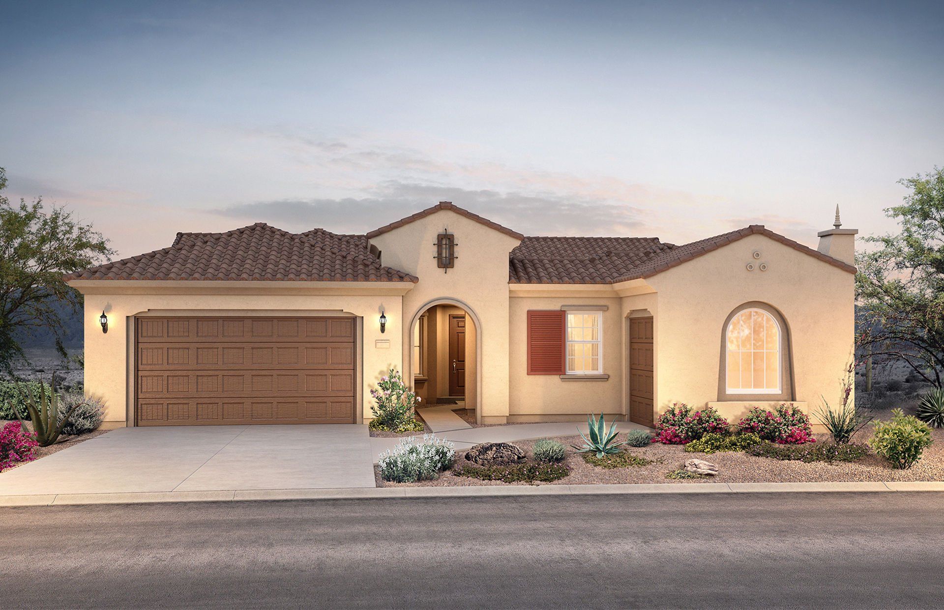 Front exterior of a new home in Sun City Anthem at Merrill Ranch, Florence, AZ, highlighting curb appeal (Image 1). Front exterior of a new home in Sun City Anthem at Merrill Ranch, Florence, AZ, highlighting curb appeal (Image 1).