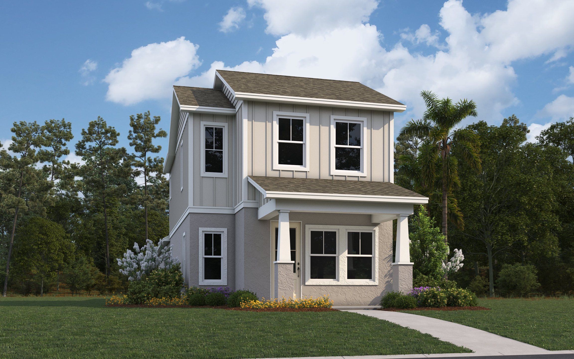 Front exterior of a new home in Bungalow Walk at Lakewood Ranch, Sarasota, FL, highlighting curb appeal (Image 1). Front exterior of a new home in Bungalow Walk at Lakewood Ranch, Sarasota, FL, highlighting curb appeal (Image 1).
