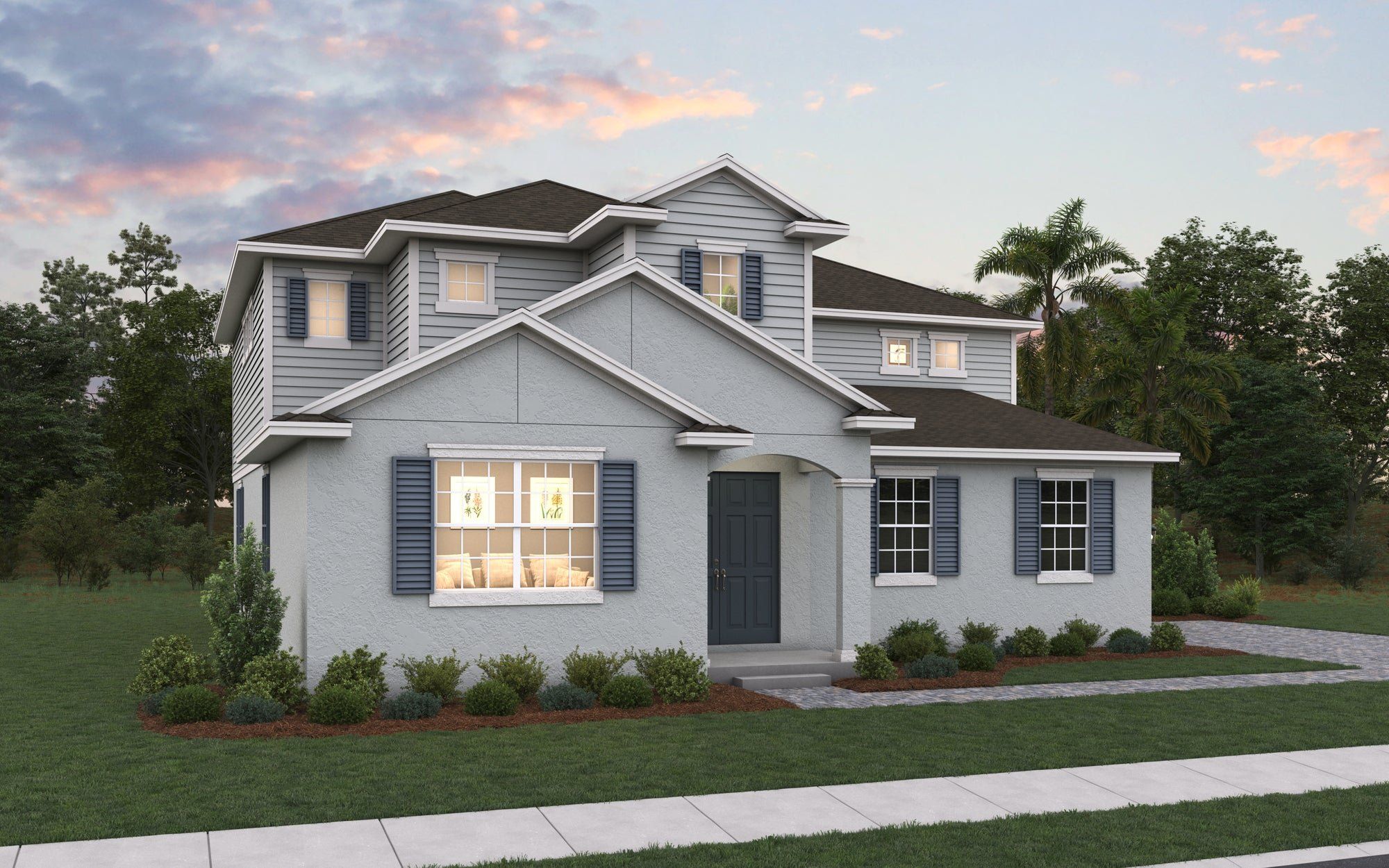 Front exterior of a new home in Avalon Woods, Winter Garden, FL, highlighting curb appeal (Image 1). Front exterior of a new home in Avalon Woods, Winter Garden, FL, highlighting curb appeal (Image 1).