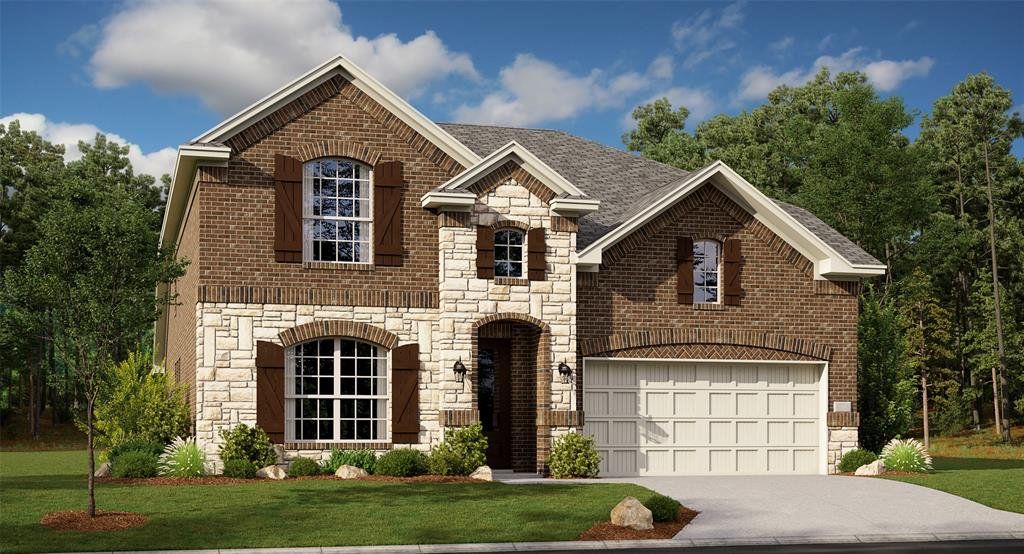 Brick and stone facade featuring arched windows with dark shutters, an attached two-car garage, and a concrete driveway Brick and stone facade featuring arched windows with dark shutters, an attached two-car garage, and a concrete driveway