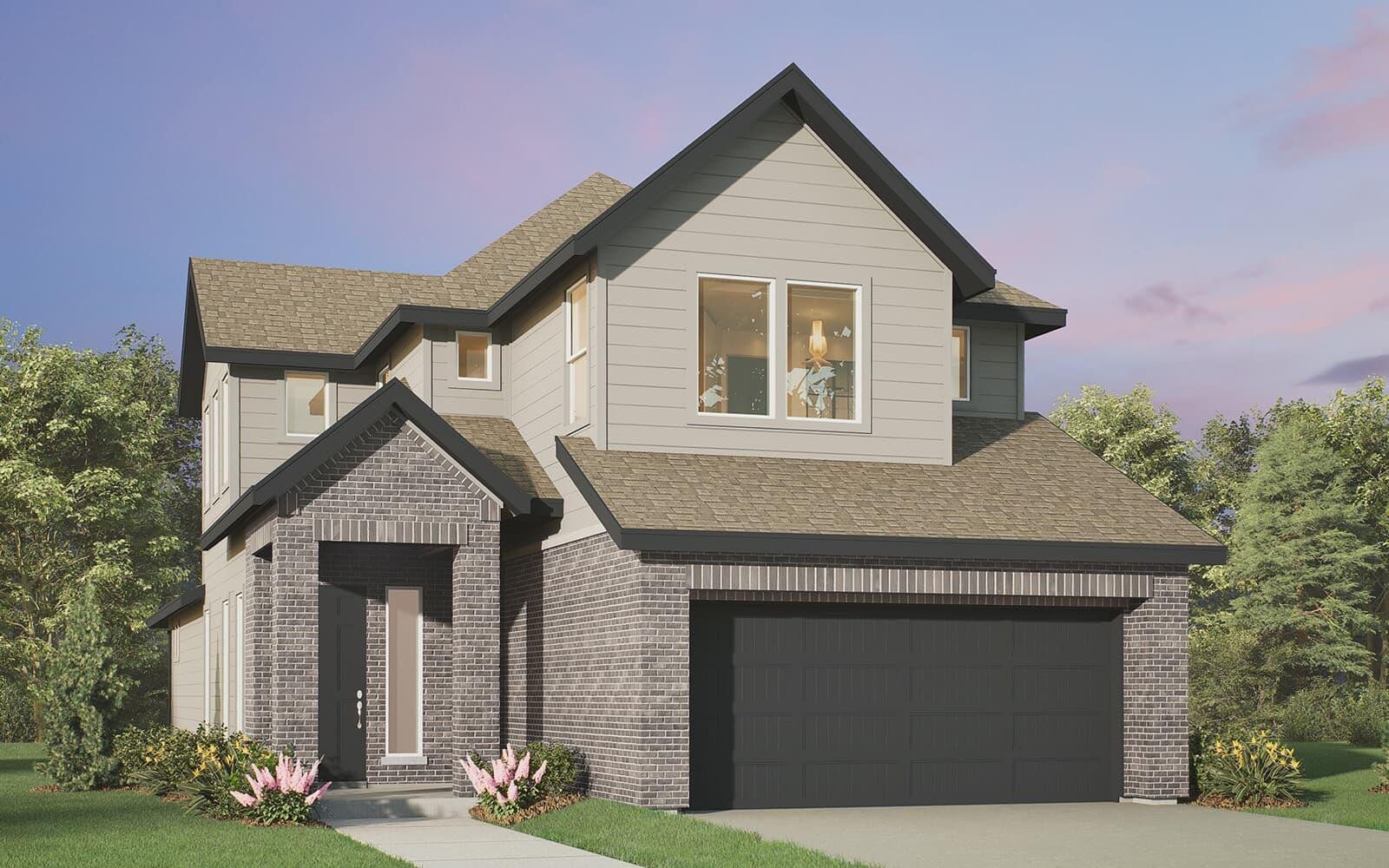 Modern architecture defines this charming two-story home, featuring a prominent garage and inviting entry. Modern architecture defines this charming two-story home, featuring a prominent garage and inviting entry.