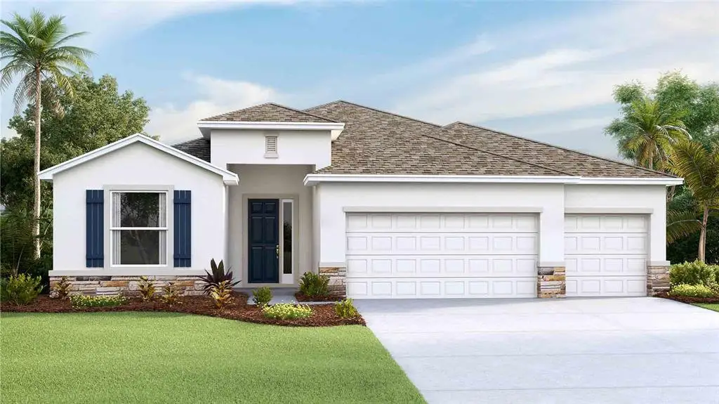 Front exterior of a new home in Deerbrook, Land O' Lakes, FL, highlighting curb appeal (Image 1).
