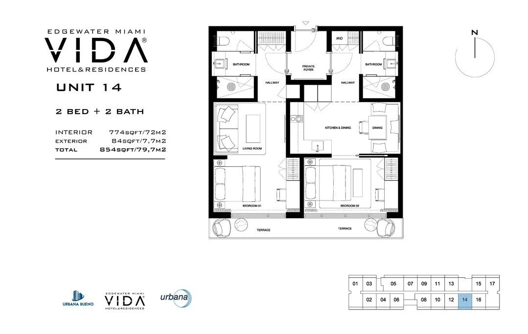 2D floor plan layout for the Unit 14 by Urbana Holdings in Vida Hotel & Residences, Miami, FL (Image 1).