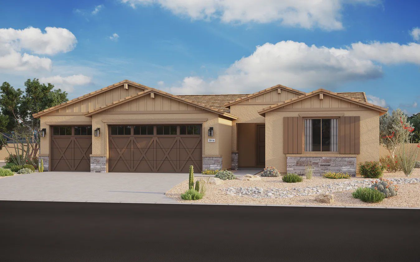 Front exterior of a new home in Acacia at Santana, Yuma, AZ, highlighting curb appeal (Image 1). Front exterior of a new home in Acacia at Santana, Yuma, AZ, highlighting curb appeal (Image 1).