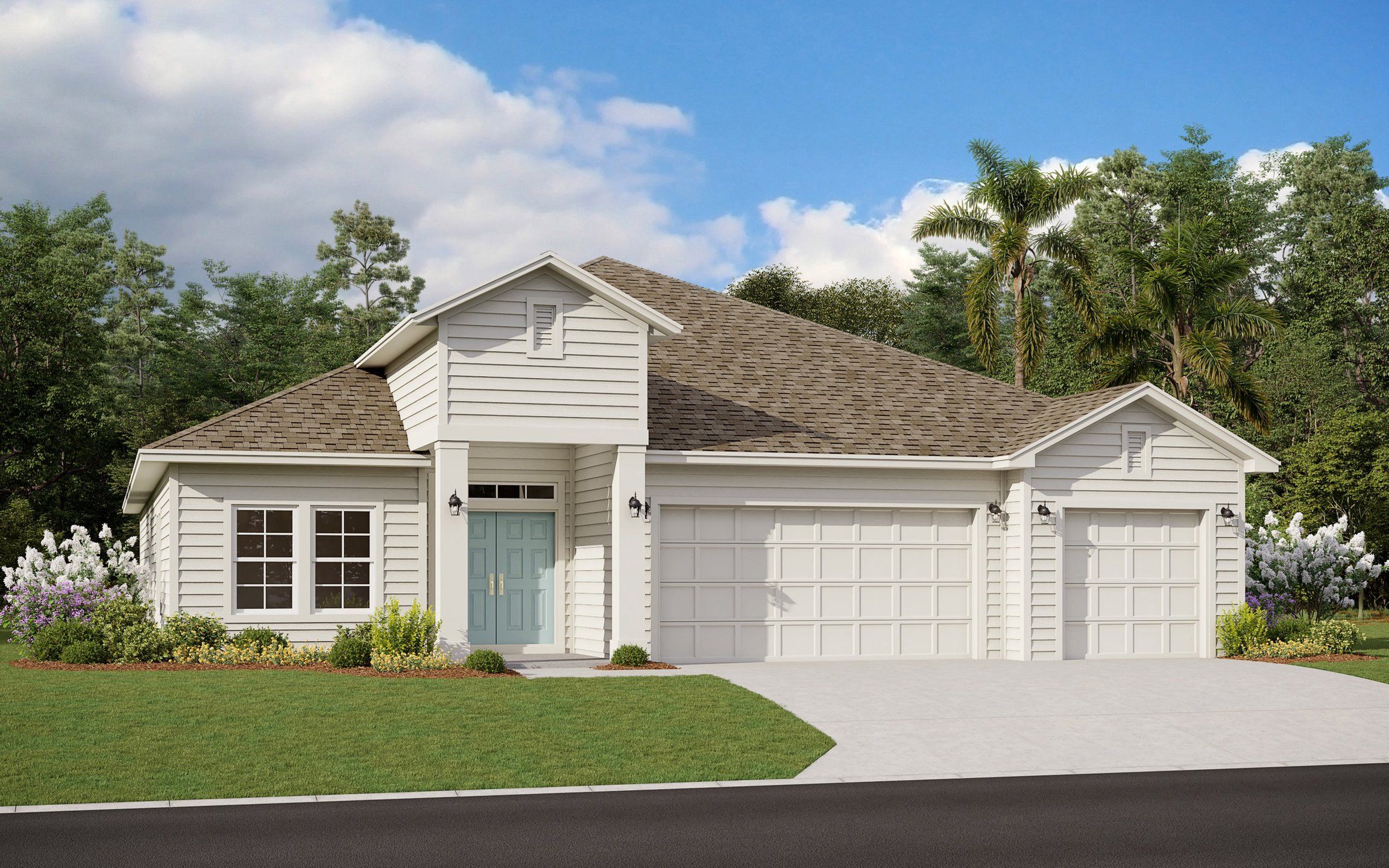 Front exterior of a new home in Seminole Trace, Palm Coast, FL, highlighting curb appeal (Image 1). Front exterior of a new home in Seminole Trace, Palm Coast, FL, highlighting curb appeal (Image 1).