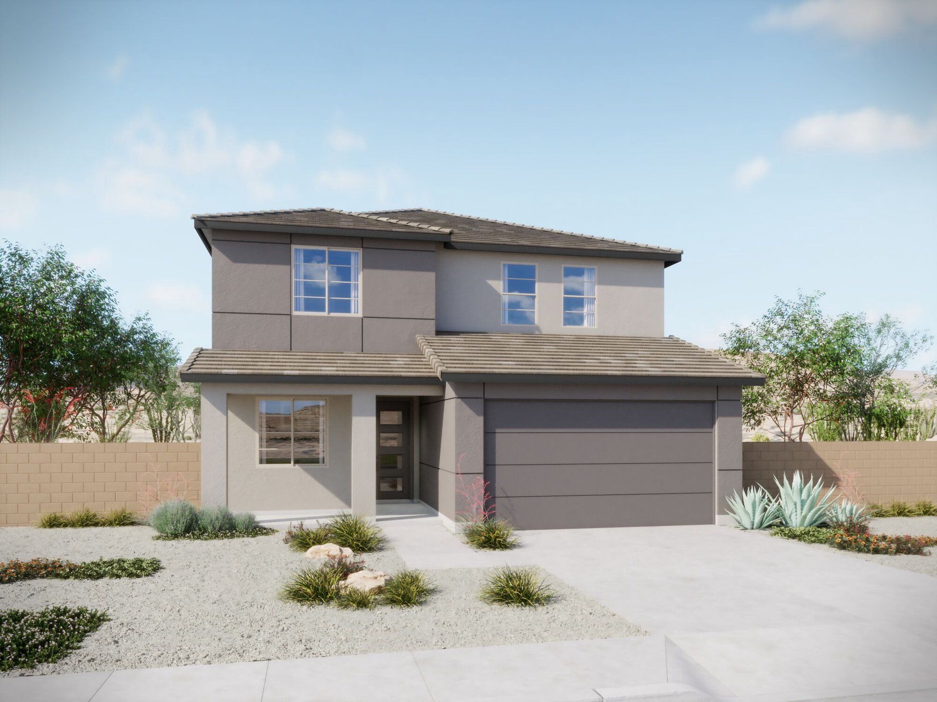 Front exterior of a new home in Oasis At Rocking K, Vail, AZ, highlighting curb appeal (Image 1). Front exterior of a new home in Oasis At Rocking K, Vail, AZ, highlighting curb appeal (Image 1).
