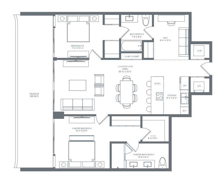 2D floor plan layout for the Residence 02 (Floor 4 - 7) by Alta Developers in Alana Bay Harbor Islands, Bay Harbor Islands, FL (Image 1).