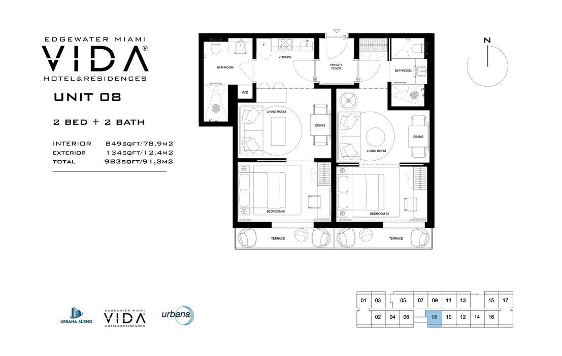 2D floor plan layout for the Unit 08 by Urbana Holdings in Vida Hotel & Residences, Miami, FL (Image 1).